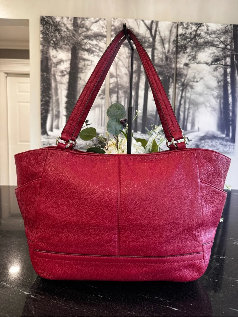 ♥️Coach Pebbled Leather Tote in Cranberry Red